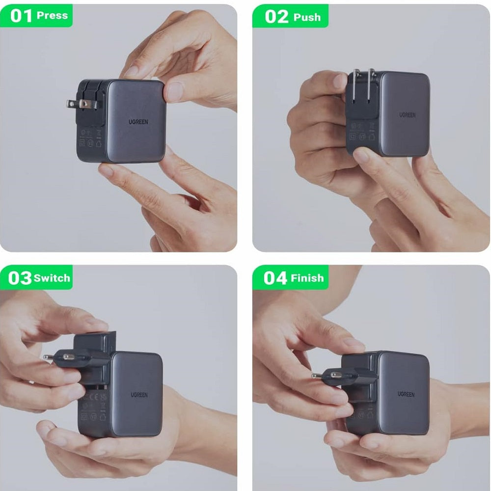 UGREEN CD296 90409 Nexode Cargador Gan USB-C 3 en 1 65W Uso Internacional