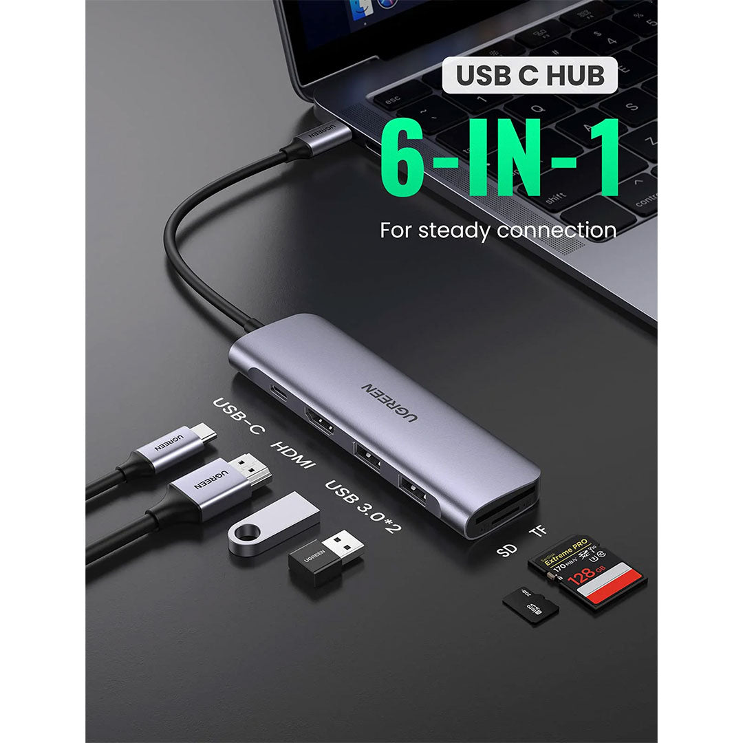 UGREEN CM195 70411 Adaptador HUB USB-C 6 en 1 HDMI 4K 2USB 3.0 SD TF