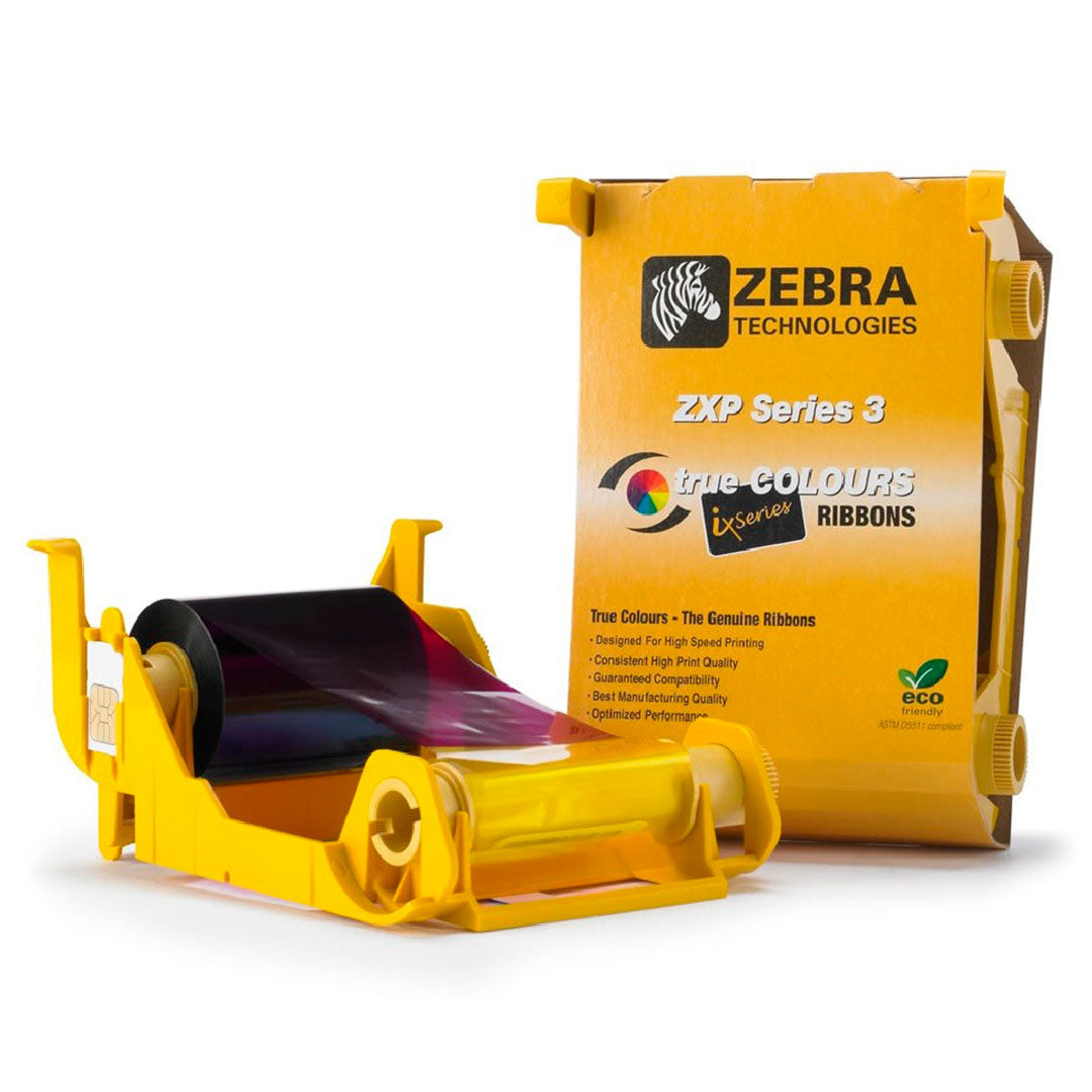 Cinta de impresión Zebra ZXP Series 3 para impresoras de tarjetas, cartucho amarillo y caja.