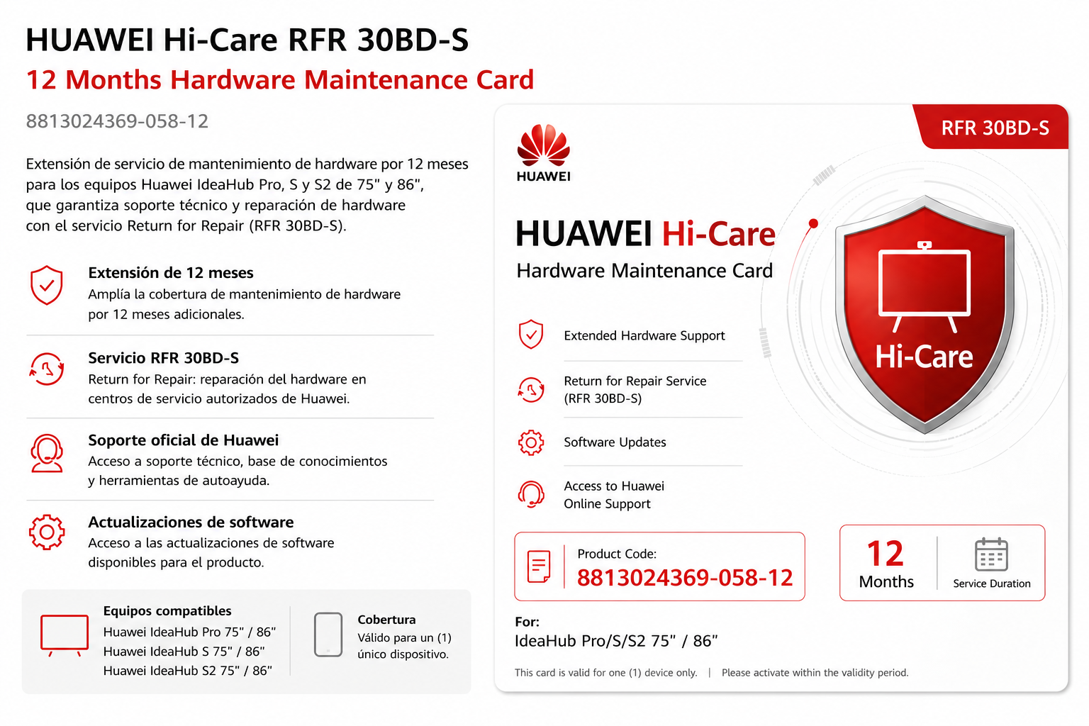 HUAWEI 8813024369-058-12 Tarjeta de Mantenimiento de Hardware Pro/S/S2 75/86_Hi-Care RFR 30BD-S_12 meses por tarjeta