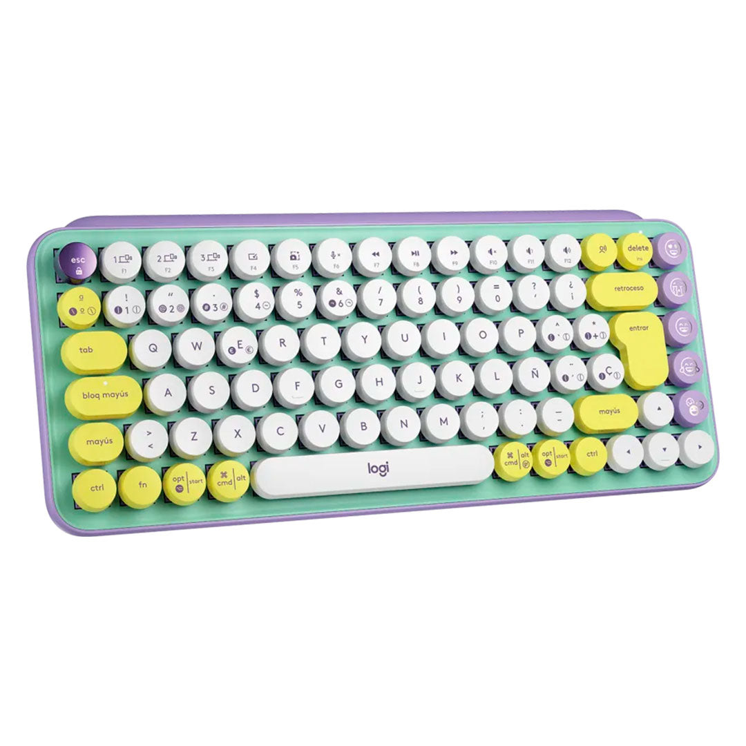LOGITECH POP KEYS Teclado mecánico inalámbrico Switch Marrón, teclas de emojis personalizables, Lila y verde, 920-010714