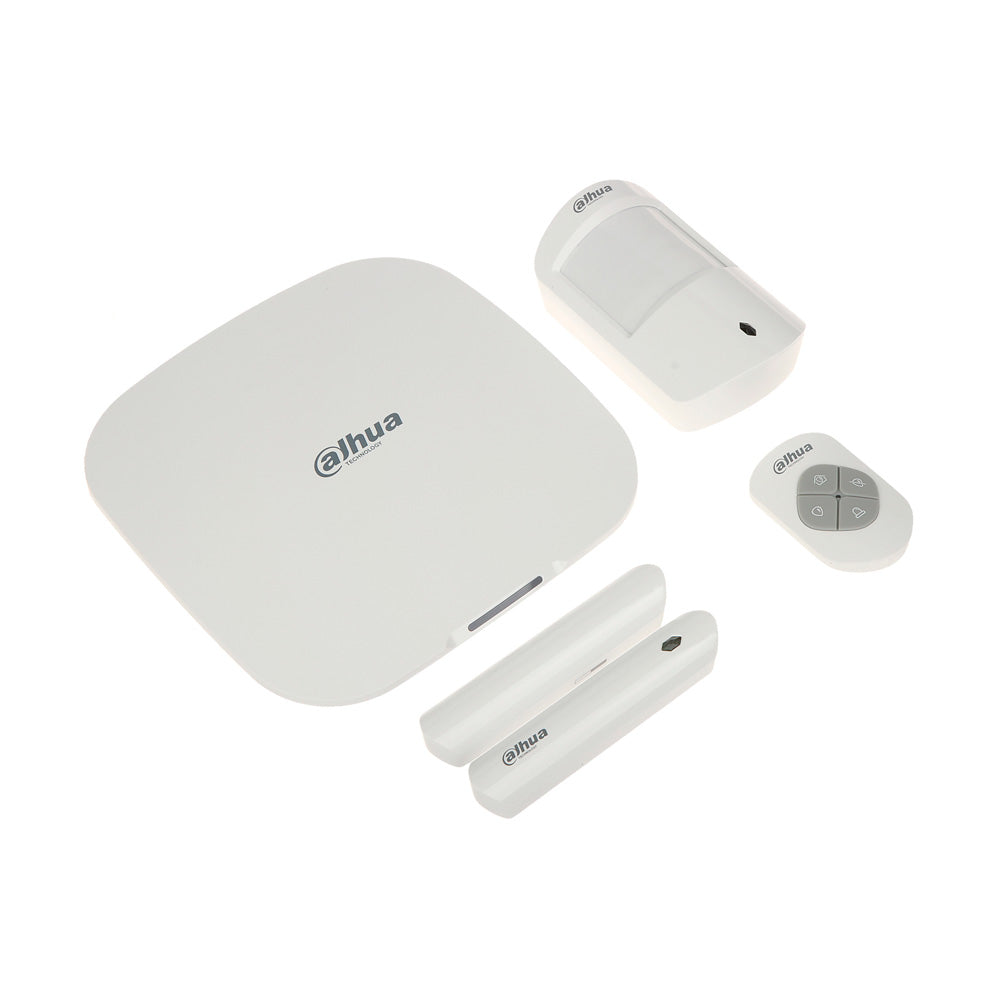 Kit de alarma Dahua inalámbrico con sensor de movimiento, control remoto y contactos magnéticos para seguridad electrónica.