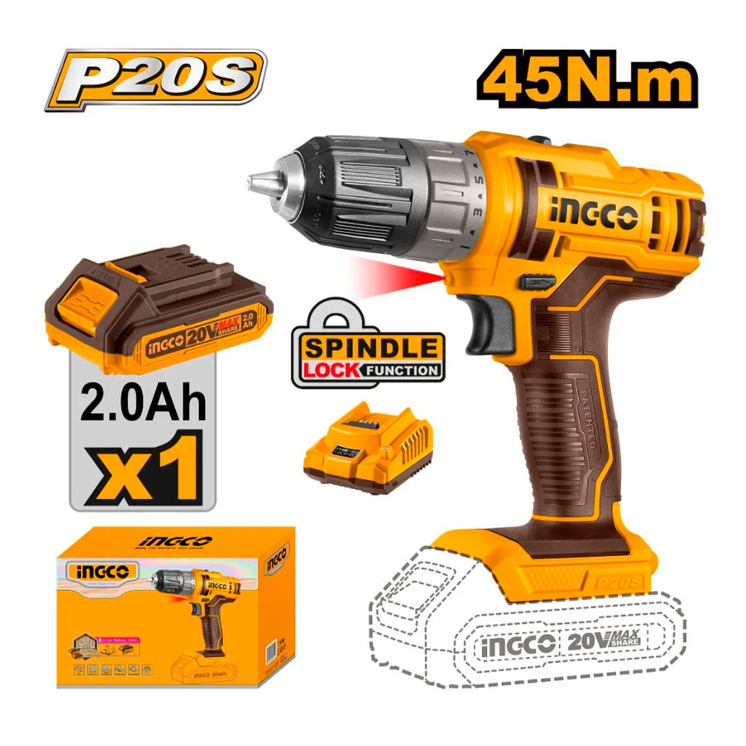 INGCO CDLI200518 Taladro inalámbrico 20v + cargador + batería 2.0ah ACC15+1
