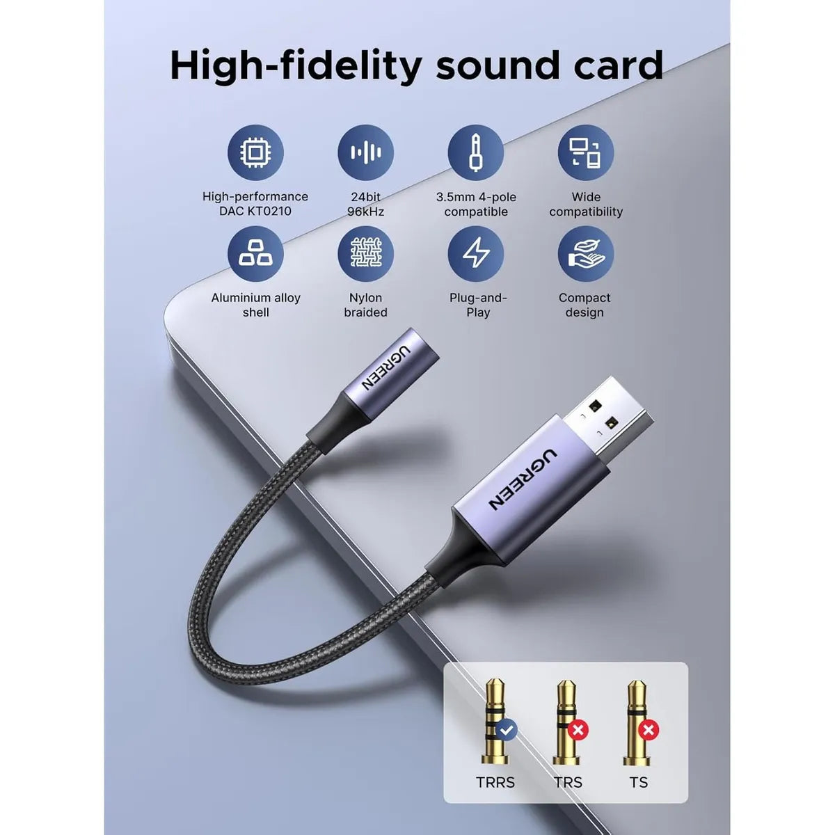 UGREEN CM477 30757 Adaptador de Audio USB-A a 3.5mm TRRS DAC Nylon