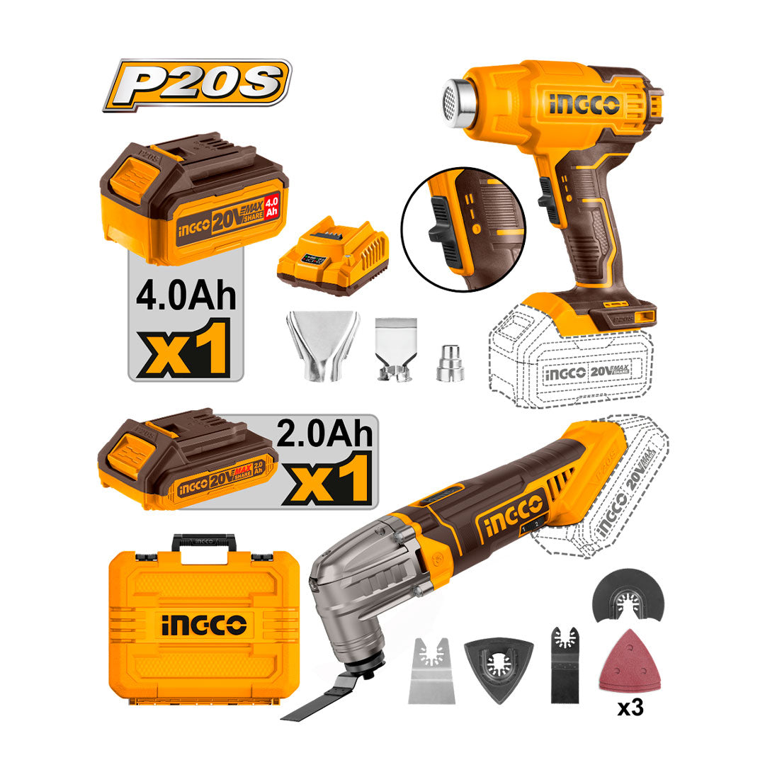 INGCO COSLI230703 Kit Multiherramienta CMLI2022 + Pistola de calor HGLI20025 Inalámbrica