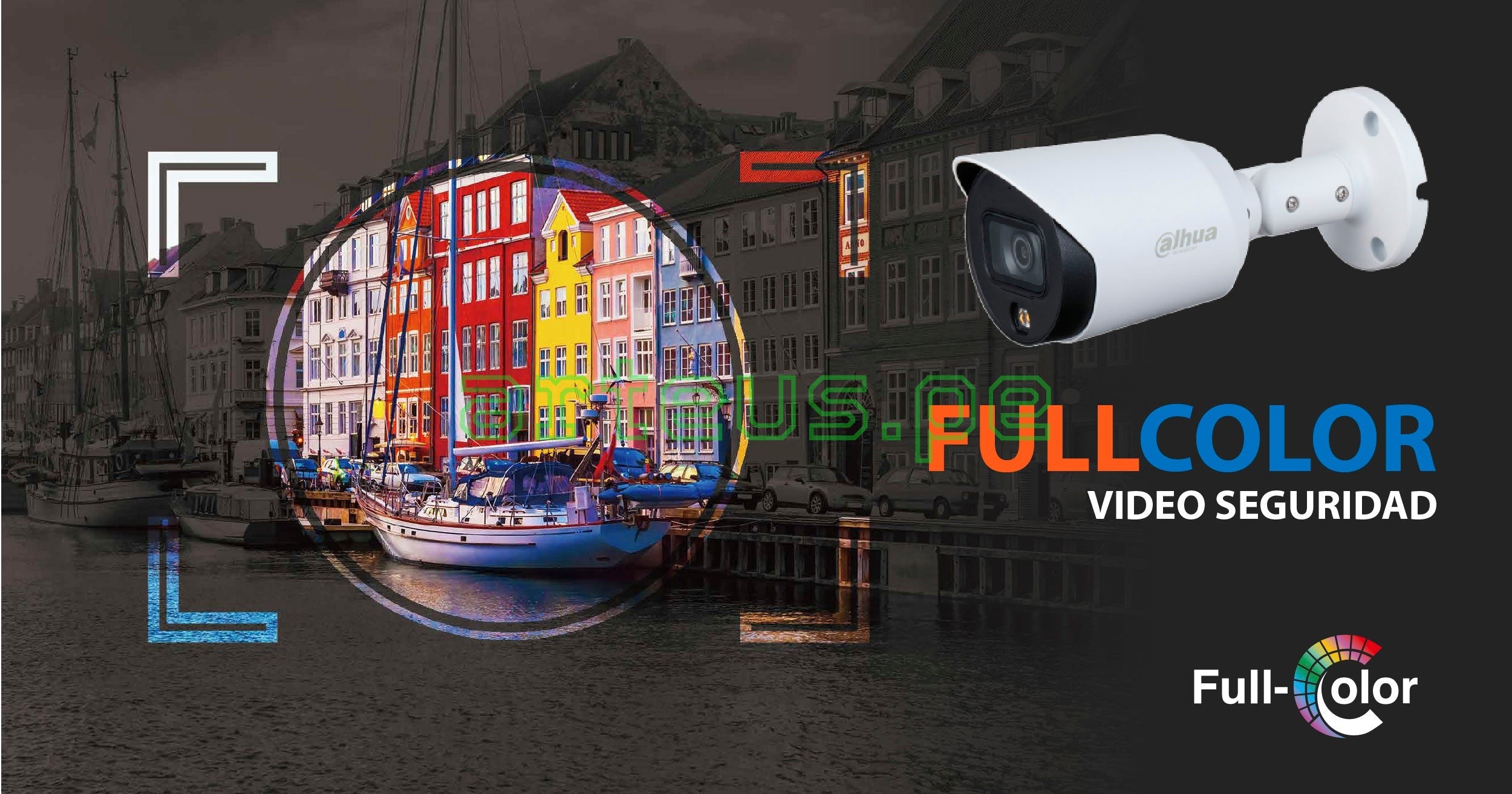 Cámara de videovigilancia Dahua Full Color para seguridad, mostrando imagen a color y en blanco y negro, ideal para monitoreo de espacios exteriores.