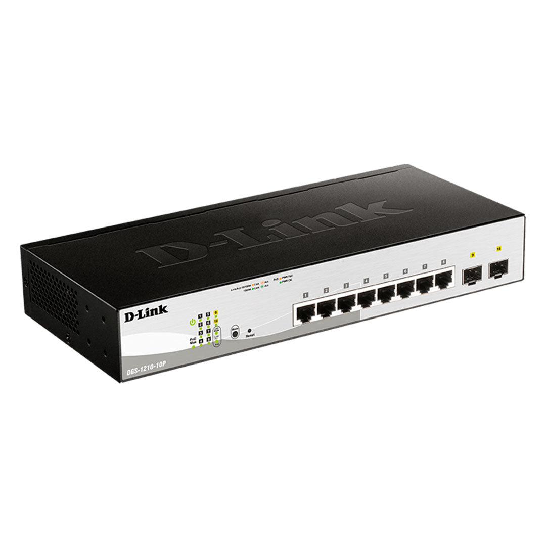 D-LINK DGS-1210-10P Switch de 8 puertos PoE 10/100/1000BASE-T + 2 puertos gigabit SFP/L2 65W