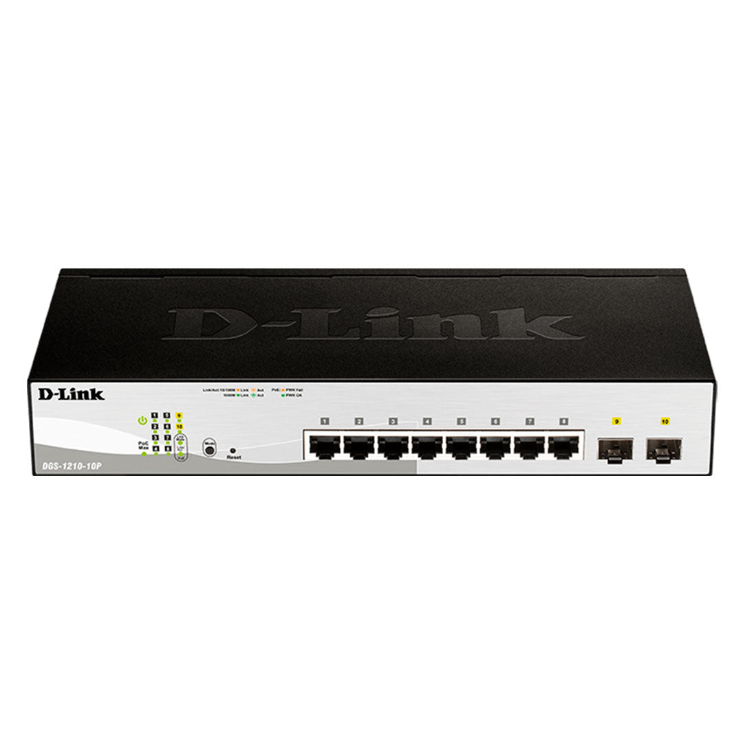 D-LINK DGS-1210-10P Switch de 8 puertos PoE 10/100/1000BASE-T + 2 puertos gigabit SFP/L2 65W