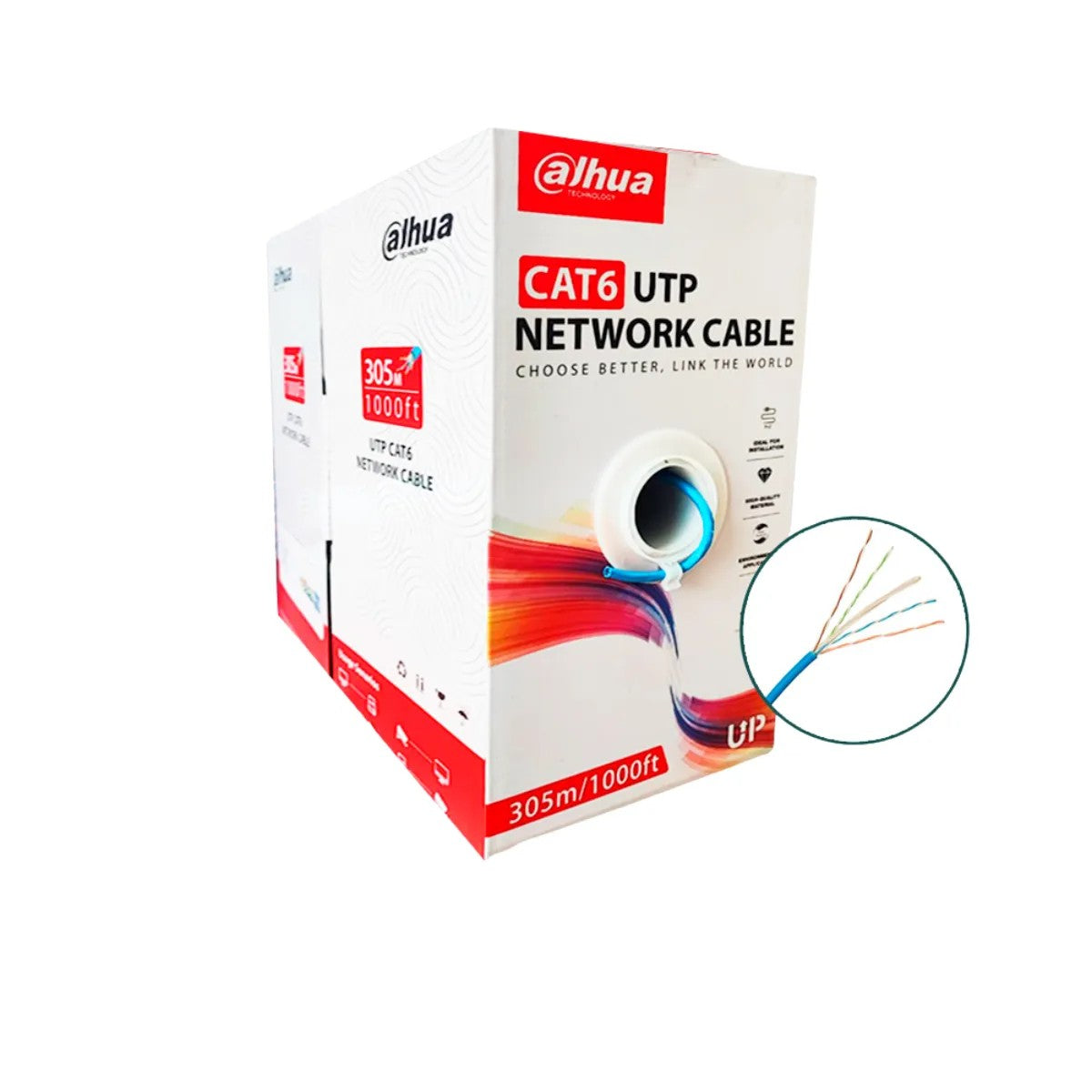 Caja de cable de red UTP Cat6 de 305m, con gráfico del cable de pares trenzados.