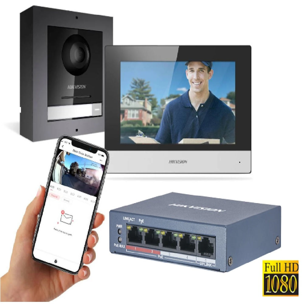 HIKVISION DS-KIS602 Kit Videoportero IP PoE 2MP Incluye: Portero Monitor Switch
