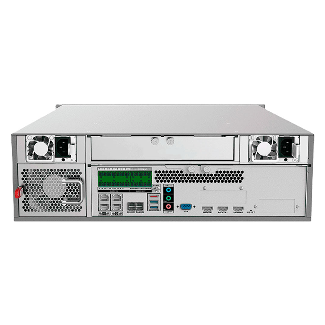 Gabinete metálico NVR de videovigilancia profesional, puertos HDMI, USB y ventiladores traseros.