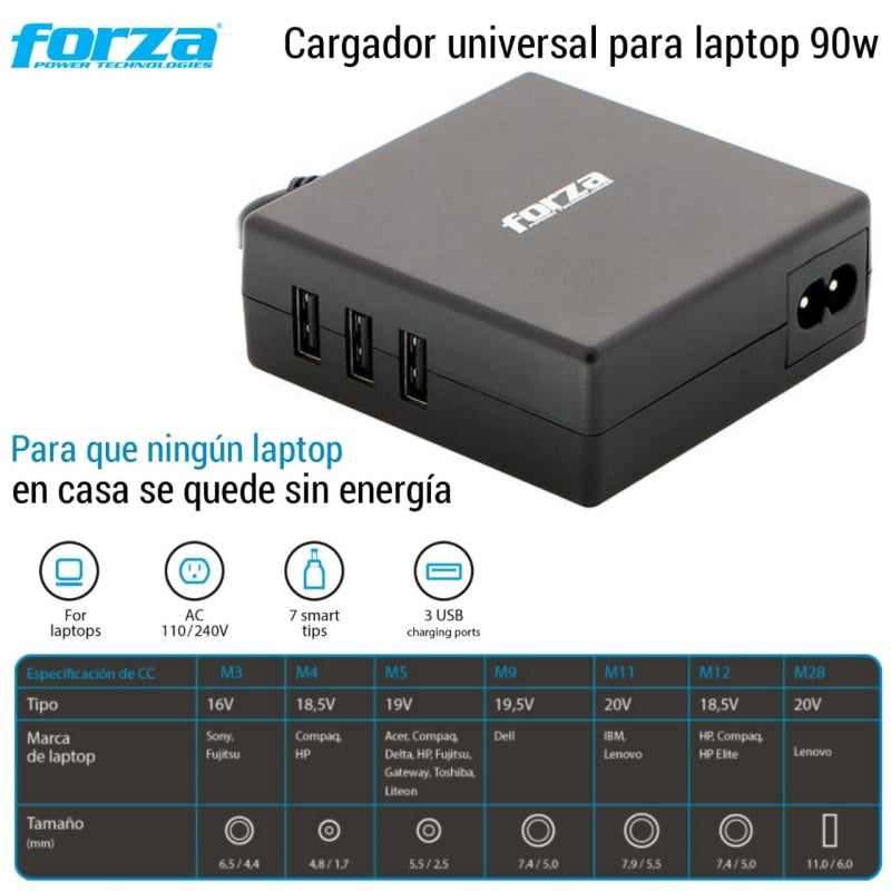 FORZA FNA-790 2-PACK Cargador Universal para Laptop 90W 3USB. Incluye 2 Unidades