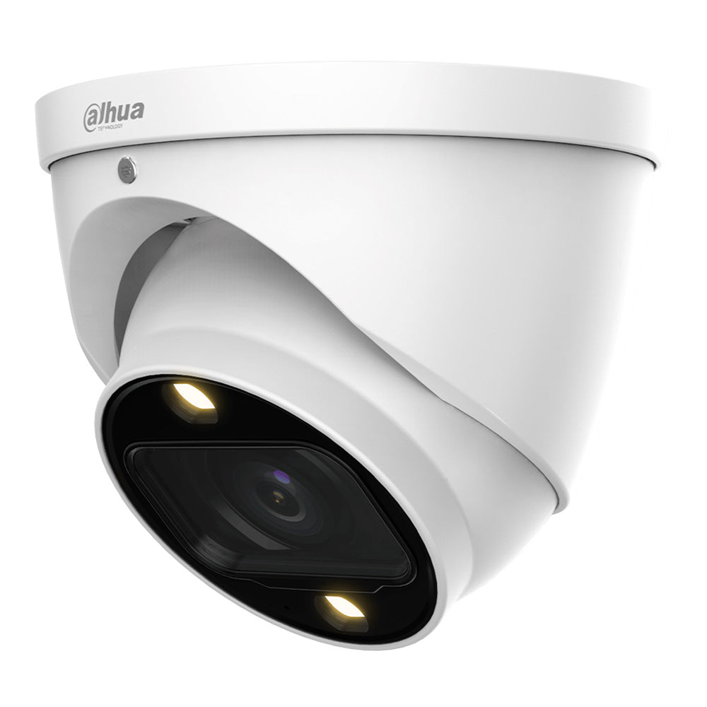 Cámara de seguridad tipo domo blanca con lente y LEDs visibles para videovigilancia