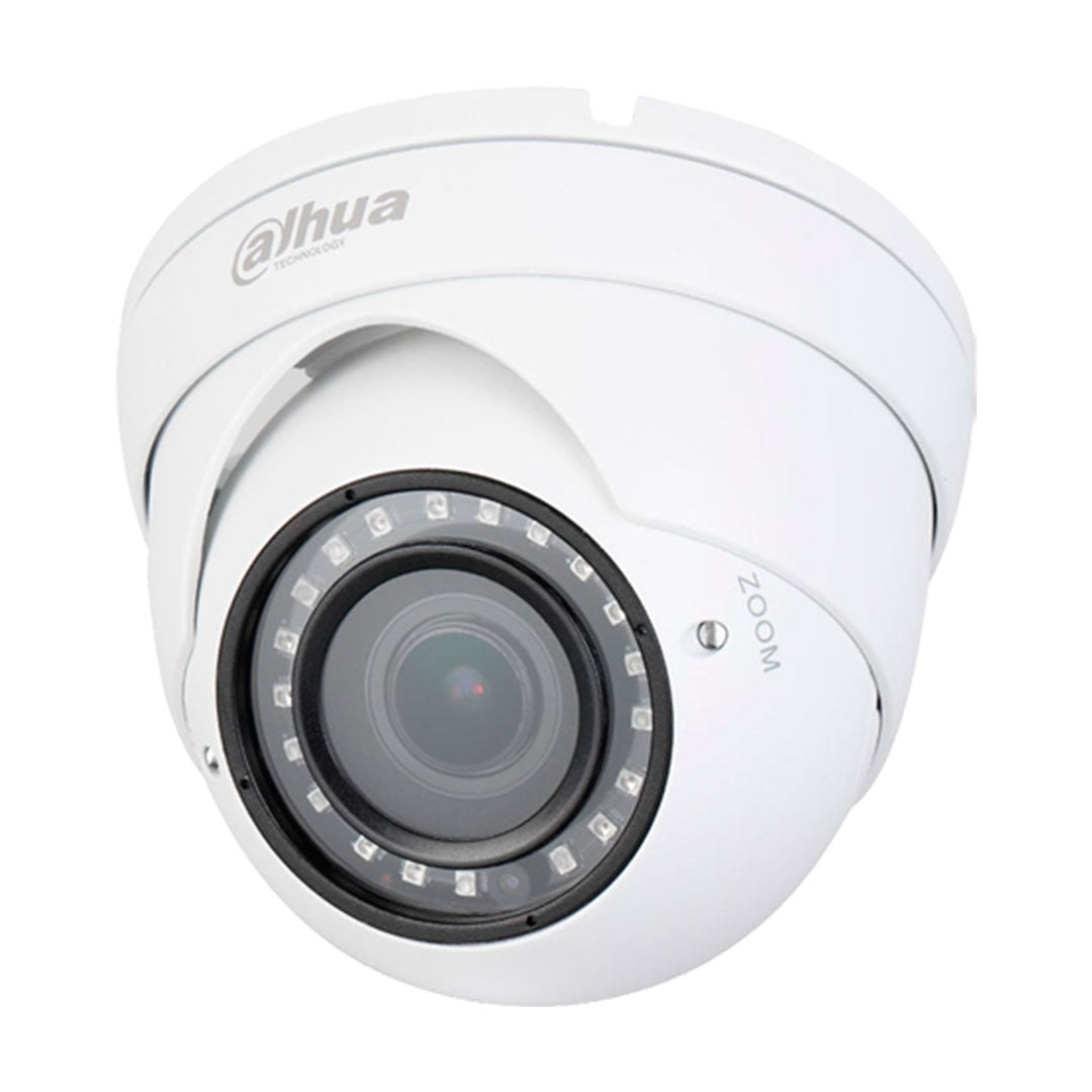 Cámara de videovigilancia tipo domo Dahua blanca con lente y LEDs infrarrojos