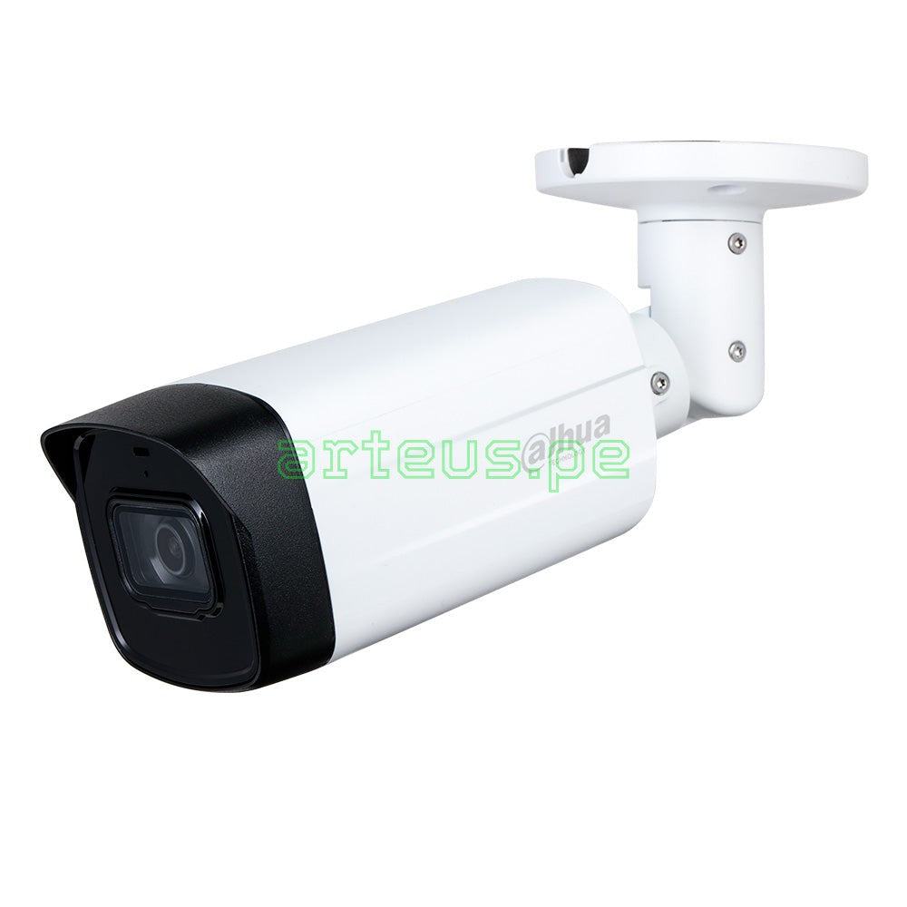 Cámara de videovigilancia tipo bala Dahua blanca para seguridad electrónica, montaje en pared.