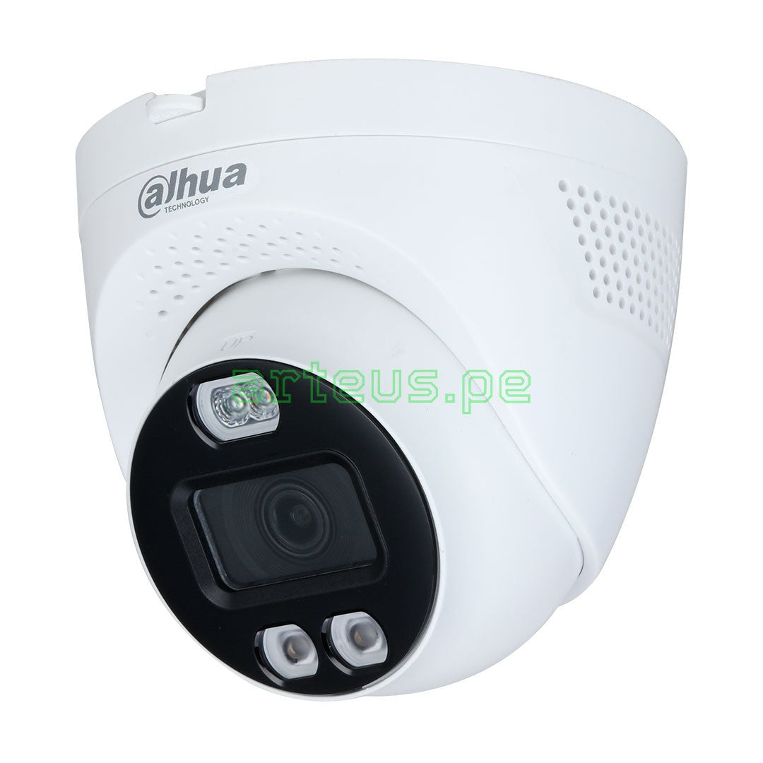 Cámara de vigilancia domo Dahua blanca con lente y sensores LED visibles, seguridad electrónica