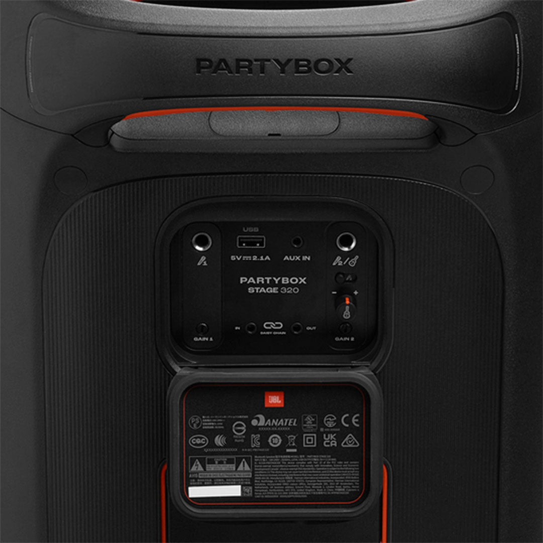 JBL PARTYBOX STAGE 320 Altavoz portátil 240w a prueba de salpicaduras, batería reemplazable y ruedas (JBLPBSTAGE320AM)