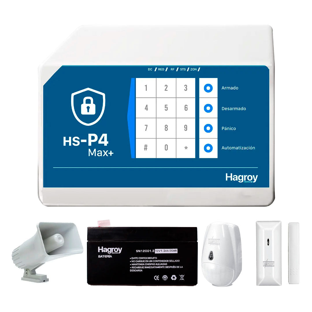 HAGROY KIT-HSP4-IN-SIRCAB Kit de Alarma Cableado: P4, Magnético, Pir y Batería APP iHagroy