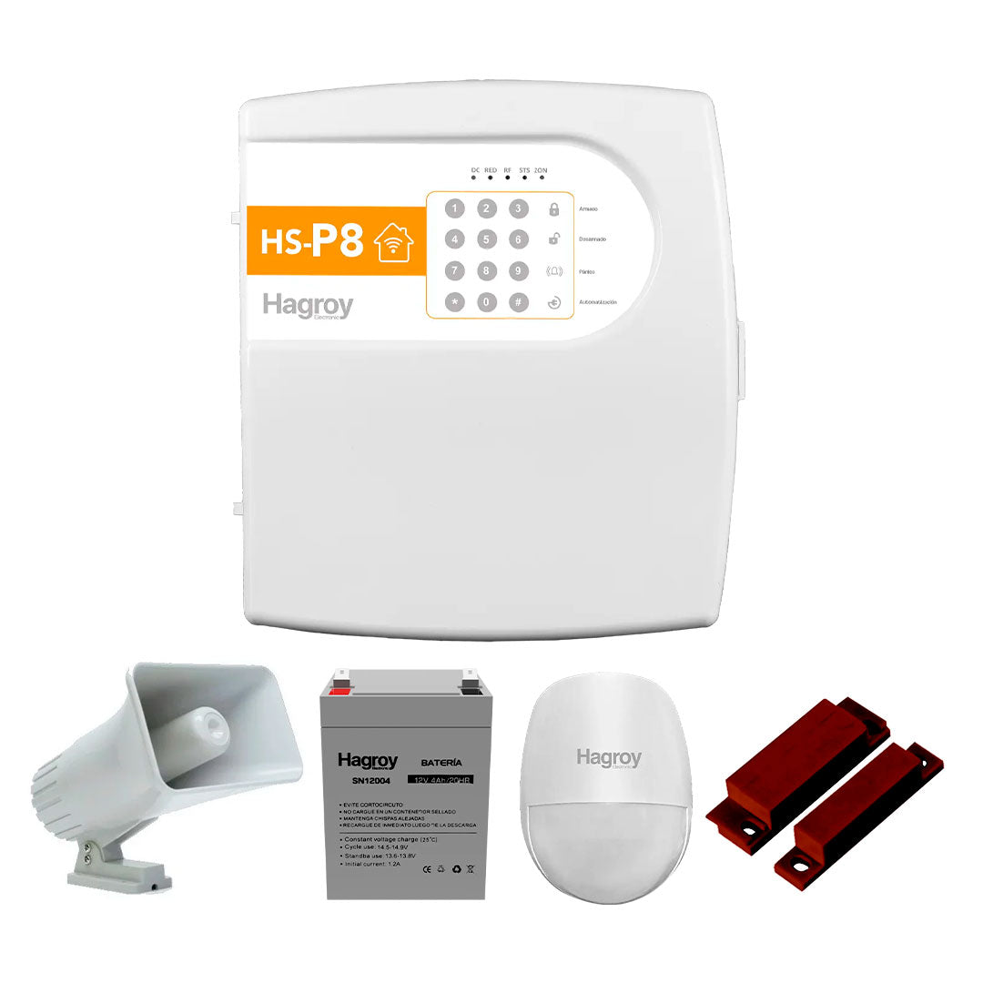 HAGROY KIT-HSP8-CAB Kit de Alarma: P8, Batería, Sirena, Pir y Magnético APP iHagroy