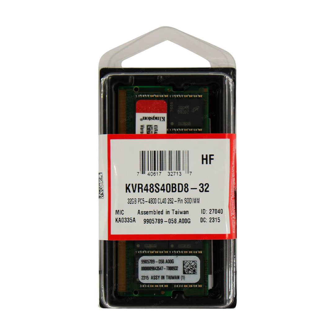 KINGSTON KVR48S40BD8/32 - Memoria Ram SODIMM Kingston 32GB DDR5-4800MHz CL40 1.1V 262-pin Non-ECC.