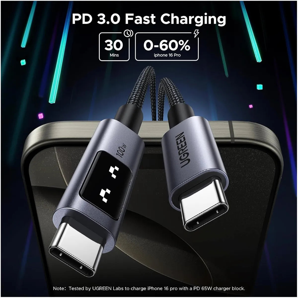 UGREEN L509 35513 Cable USB-C a USB-C 100W 3m Carga Rápida LED