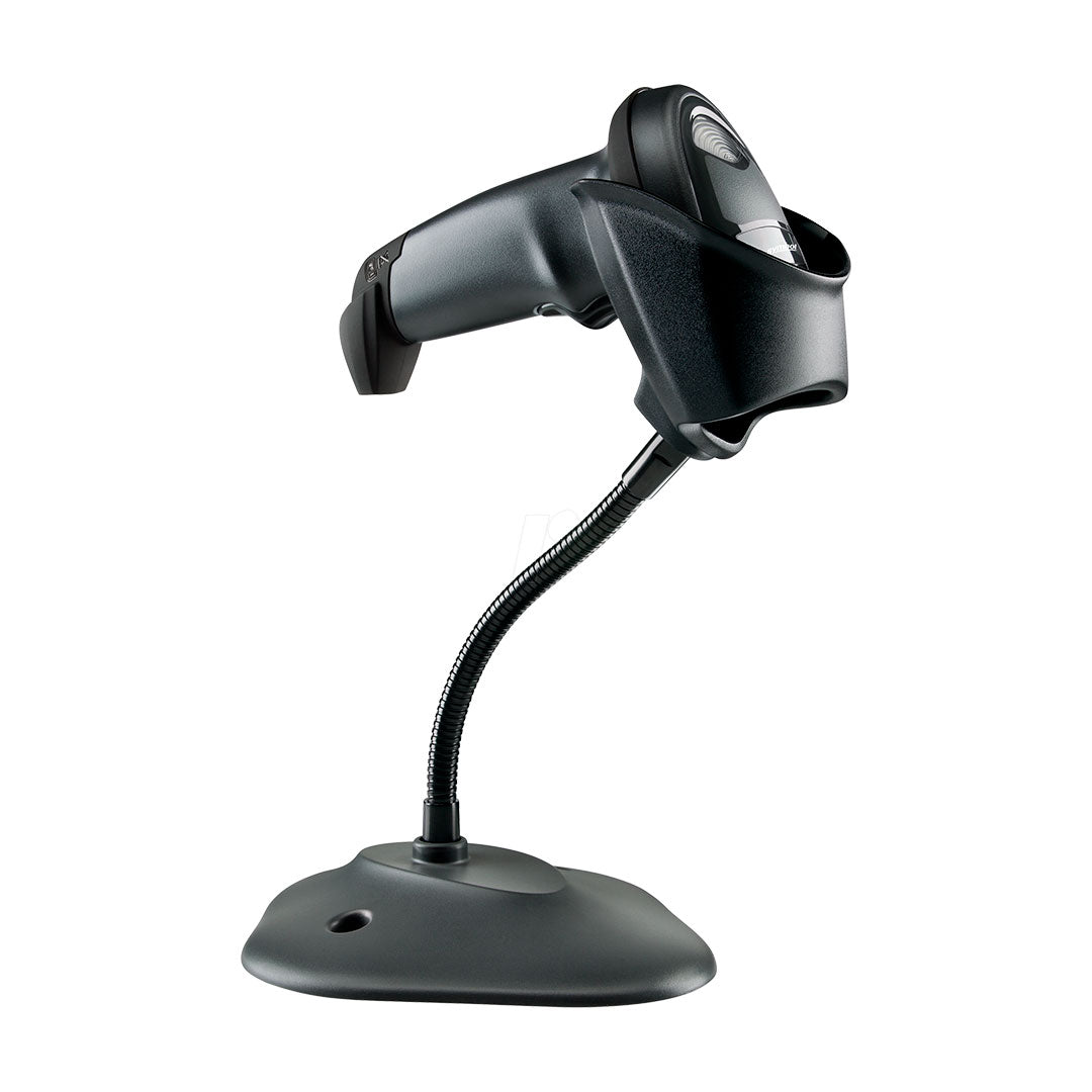 Lector de código de barras negro con base flexible para punto de venta o almacén