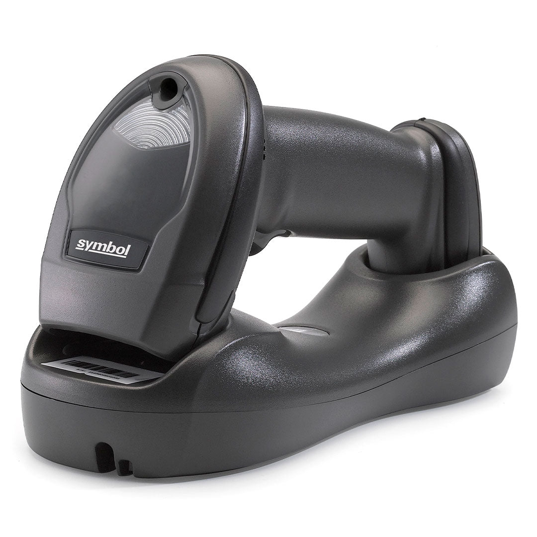 Lector de código de barras inalámbrico negro con base, ideal para redes y seguridad