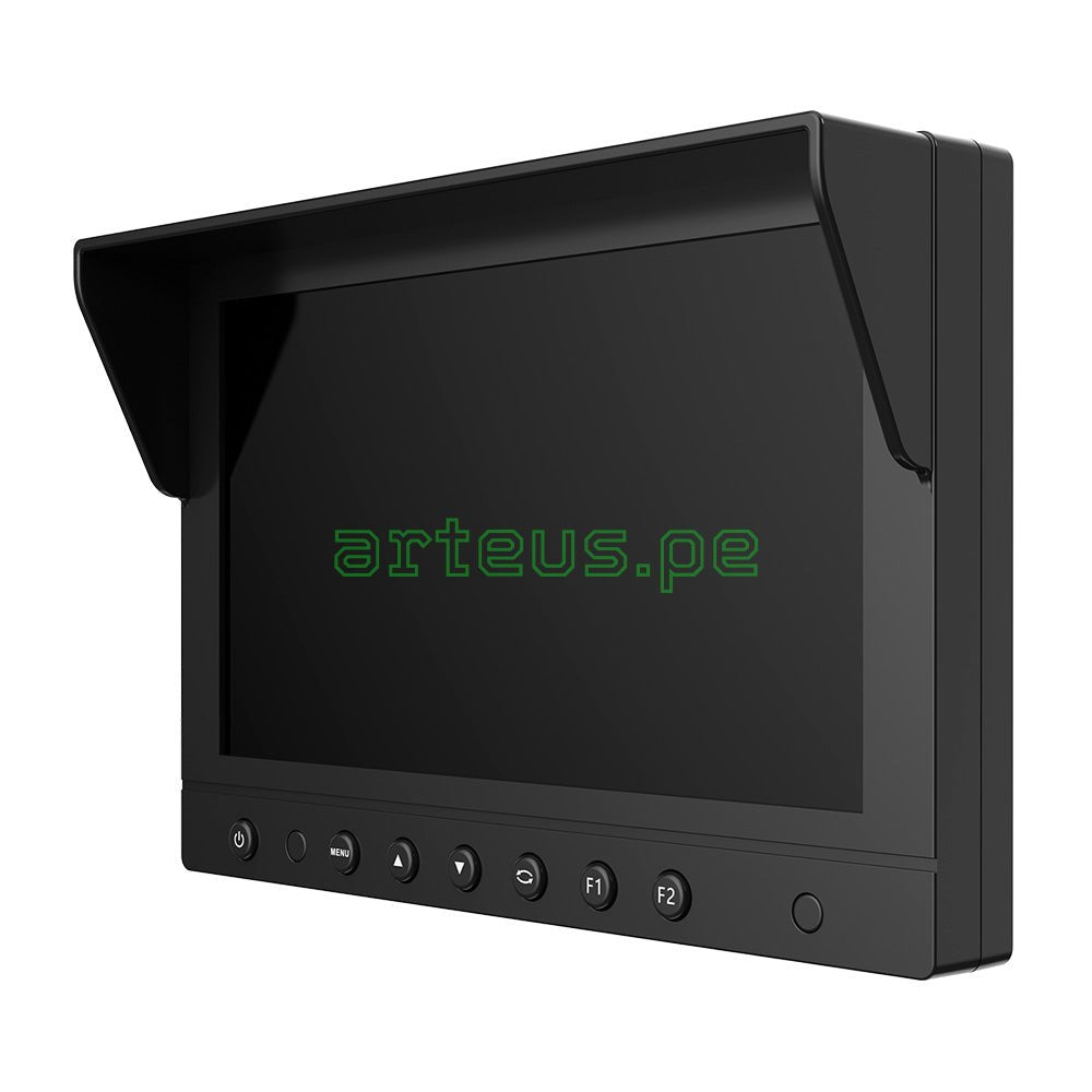 Monitor industrial negro con pantalla LCD y botones frontales, ideal para videovigilancia