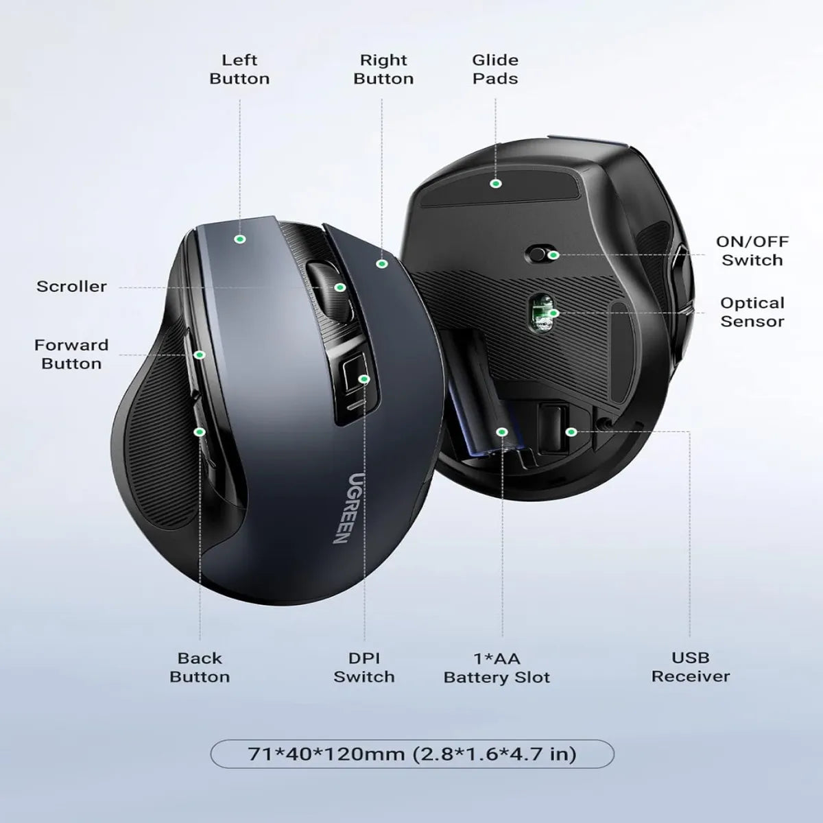 UGREEN MU006 90855 Mouse Inalámbrico 2.4G y Bluetooth 4000dpi Gris
