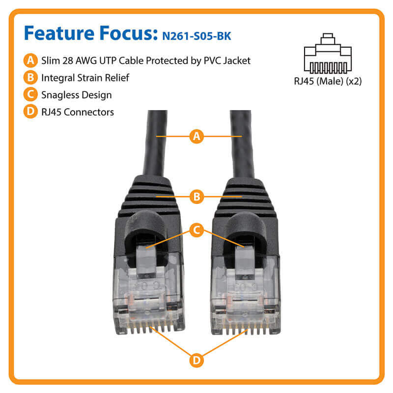 TRIPP LITE N261-003-BK Cable Ethernet UTP sin enganches Serie Cat6 a 10G RJ45 M/M negro 91cm