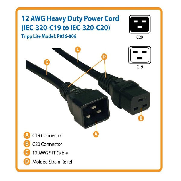 TRIPP LITE P036-006 Cable de Extensión de Alta Resistencia C19 a C20 20A 250V 12AWG 1.83m (6 pies) negro