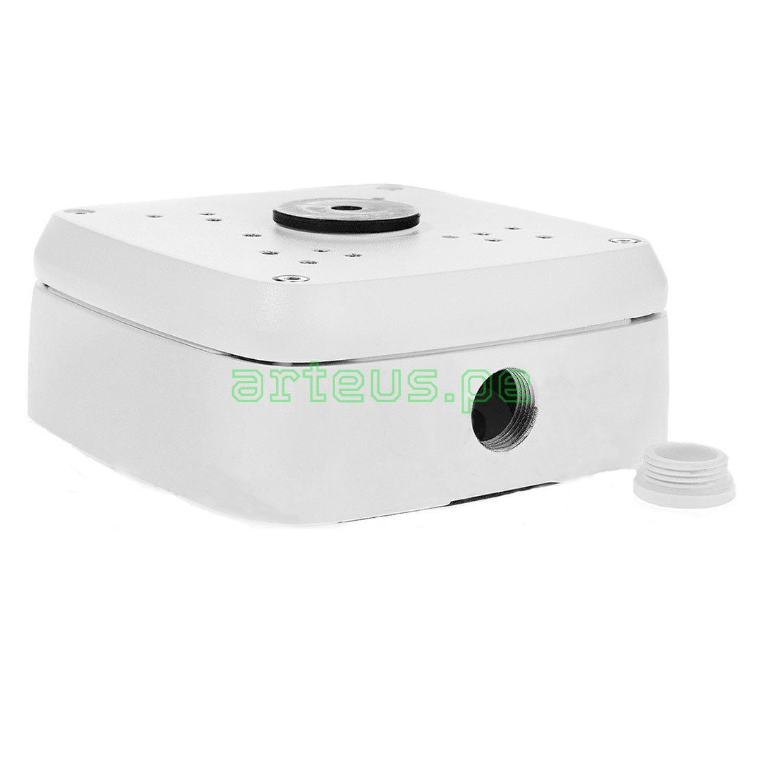 Caja de conexión metálica cuadrada para cámaras de videovigilancia o seguridad.