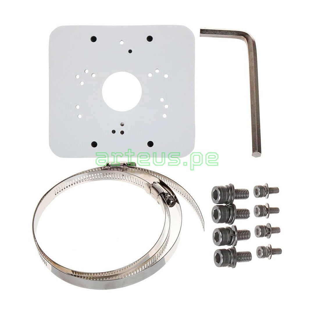 Kit de montaje metálico para cámara de seguridad, incluye placa, abrazadera, tornillos y llave Allen.