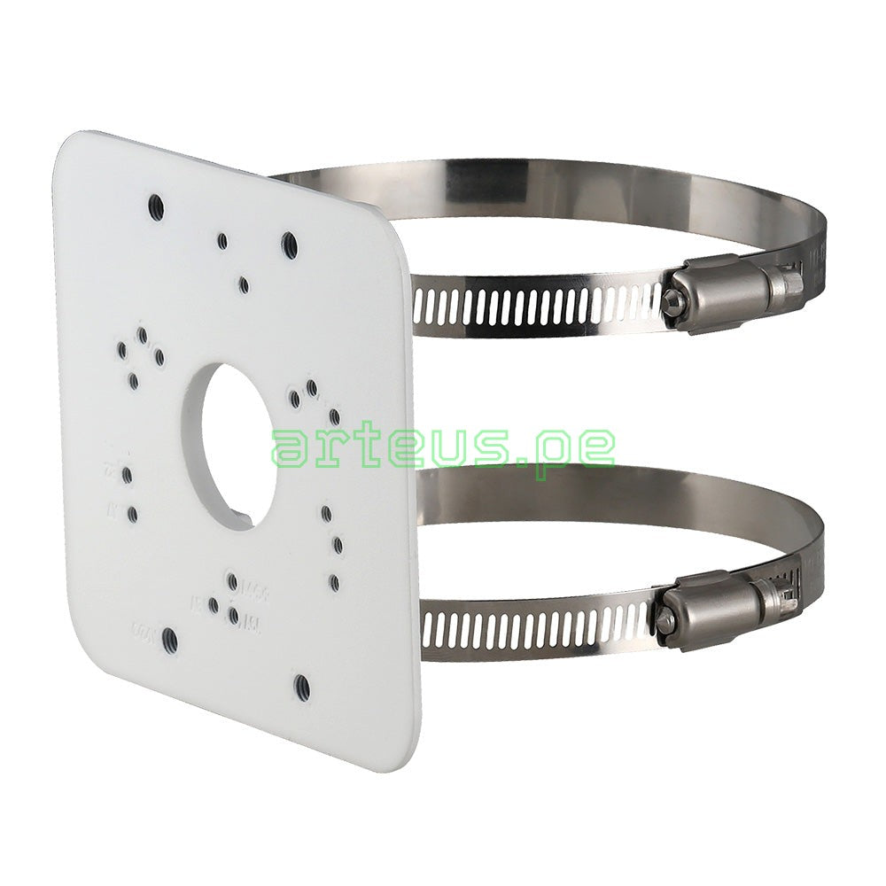 Soporte metálico para montaje de cámaras de seguridad en poste, con base blanca y abrazaderas de acero inoxidable.