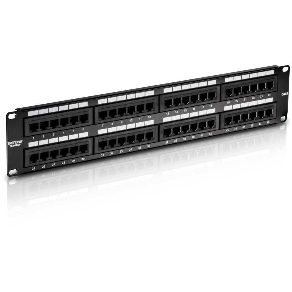 Patch panel de red Cat6 de 48 puertos para cableado estructurado y redes.