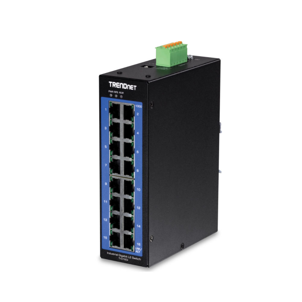 TRENDNET TI-G160i - Conmutador de riel DIN industrial Gigabit L2 de 16 puertos