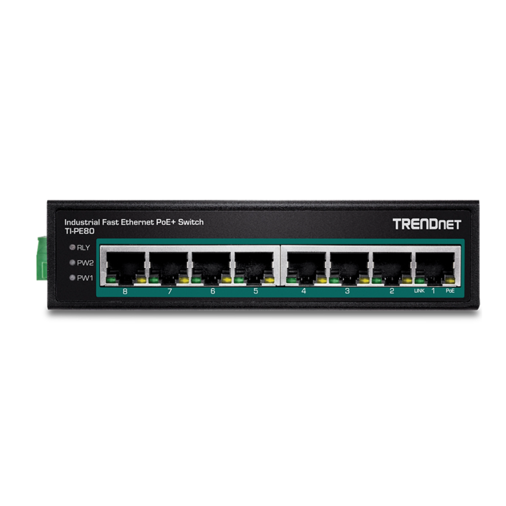 TRENDNET TI-PE80 - Conmutador de riel DIN Industrial Fast Ethernet PoE de 8 puertos
