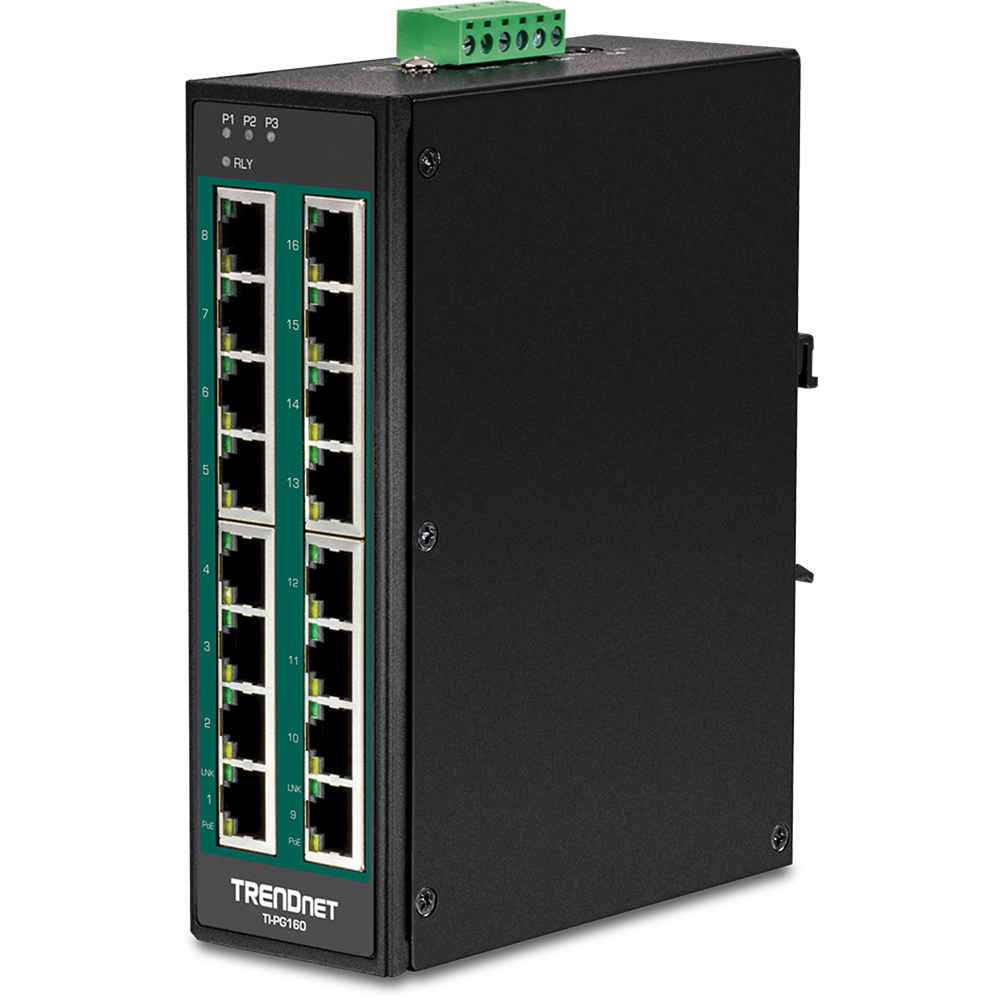 TRENDTNET TI-PG160 - Conmutador de riel DIN Gigabit PoE industrial endurecido de 16 puertos