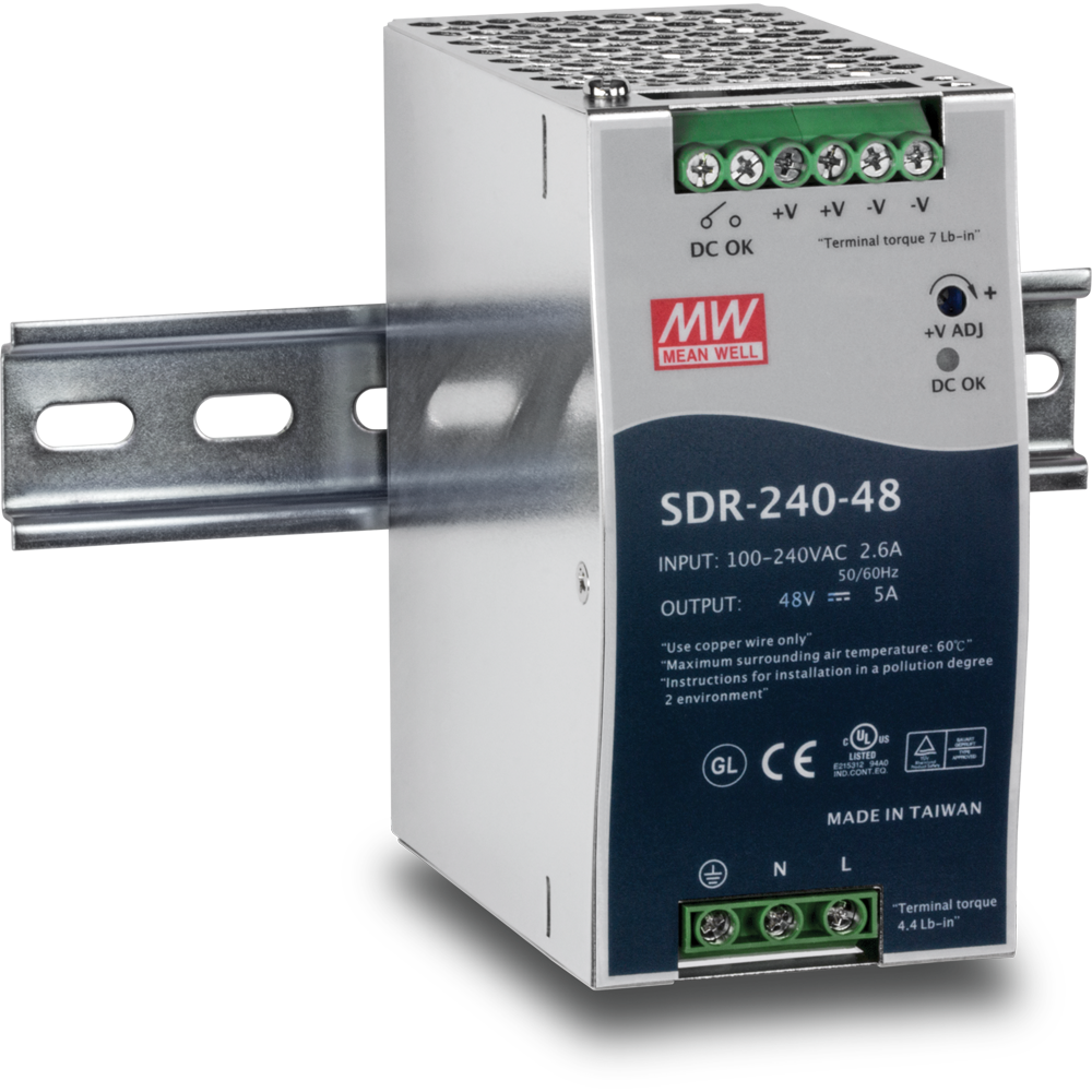 Fuente de poder industrial Mean Well SDR-240-48 para riel DIN, salida 48V 5A