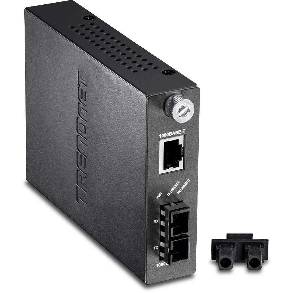 Convertidor de medios de fibra óptica negro con puerto Ethernet y conectores SC, ideal para redes