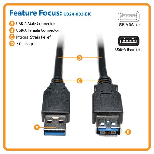 TRIPP LITE U324-003-BK CABLE USB 3.0 A/AM/H 91CM Cable de Extensión SuperSpeed USB-A a USB-A M/H Negro 91 cm