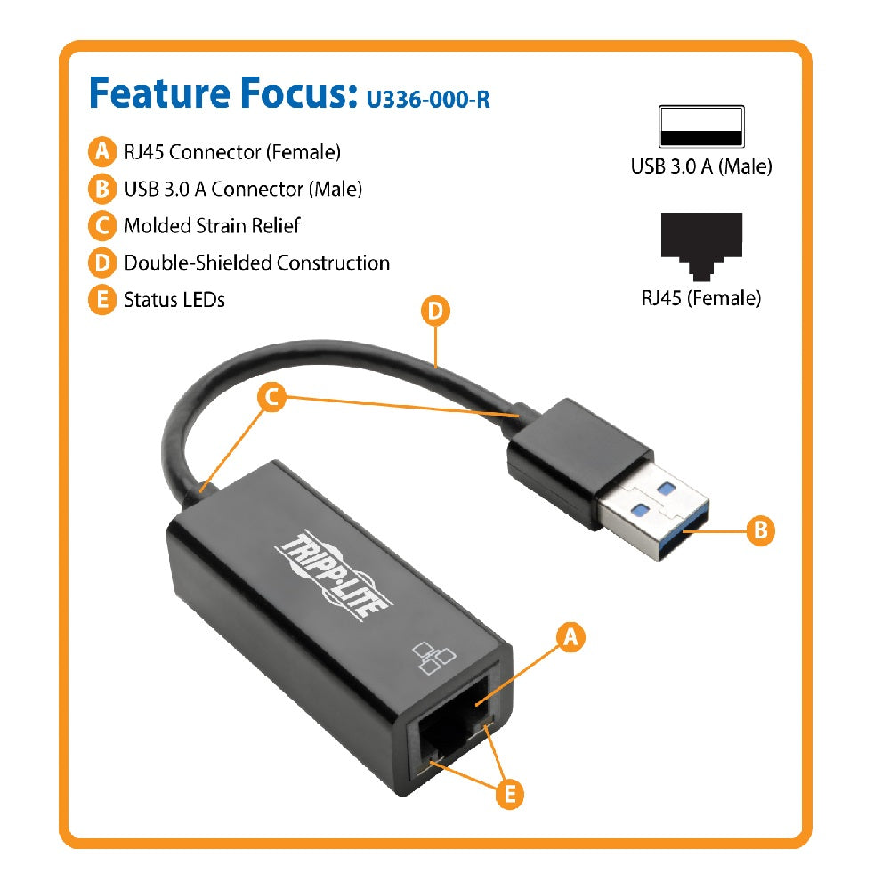 TRIPP-LITE U336-000-R Adaptador de red USB 3.0 SuperSpeed a Gigabit Ethernet RJ45 NEGRO