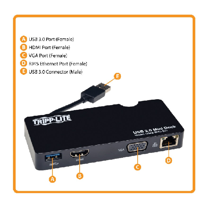 TRIPP LITE U342-SHG-001 Mini Docking VGA Serie Estación de conexión USB 3.x(5 Gbps) con HDMI Vídeo VGA GbE