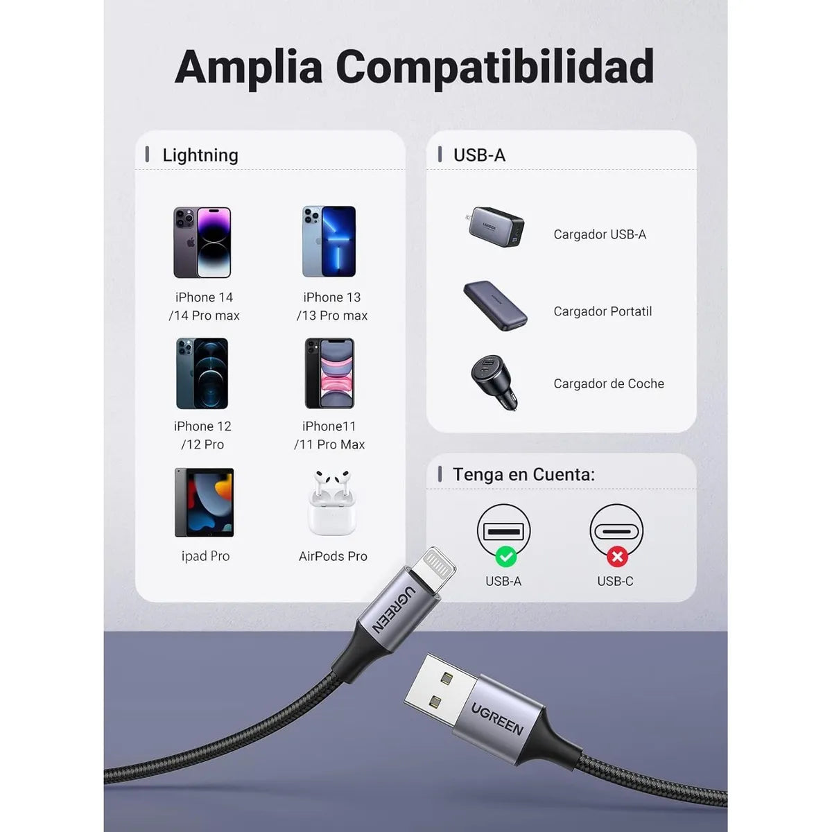 UGREEN US199 60156 Cable de Datos de Carga USB-A a Lightning Negro