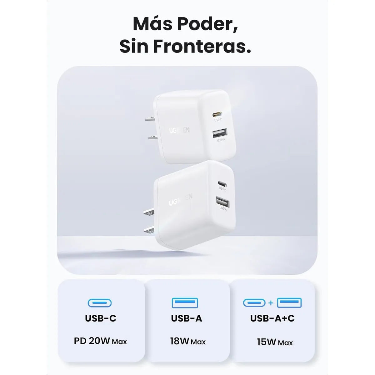 UGREEN X227 45314 Cargador Carga Rápida 20W 2 puertos USB-C USB-A PD