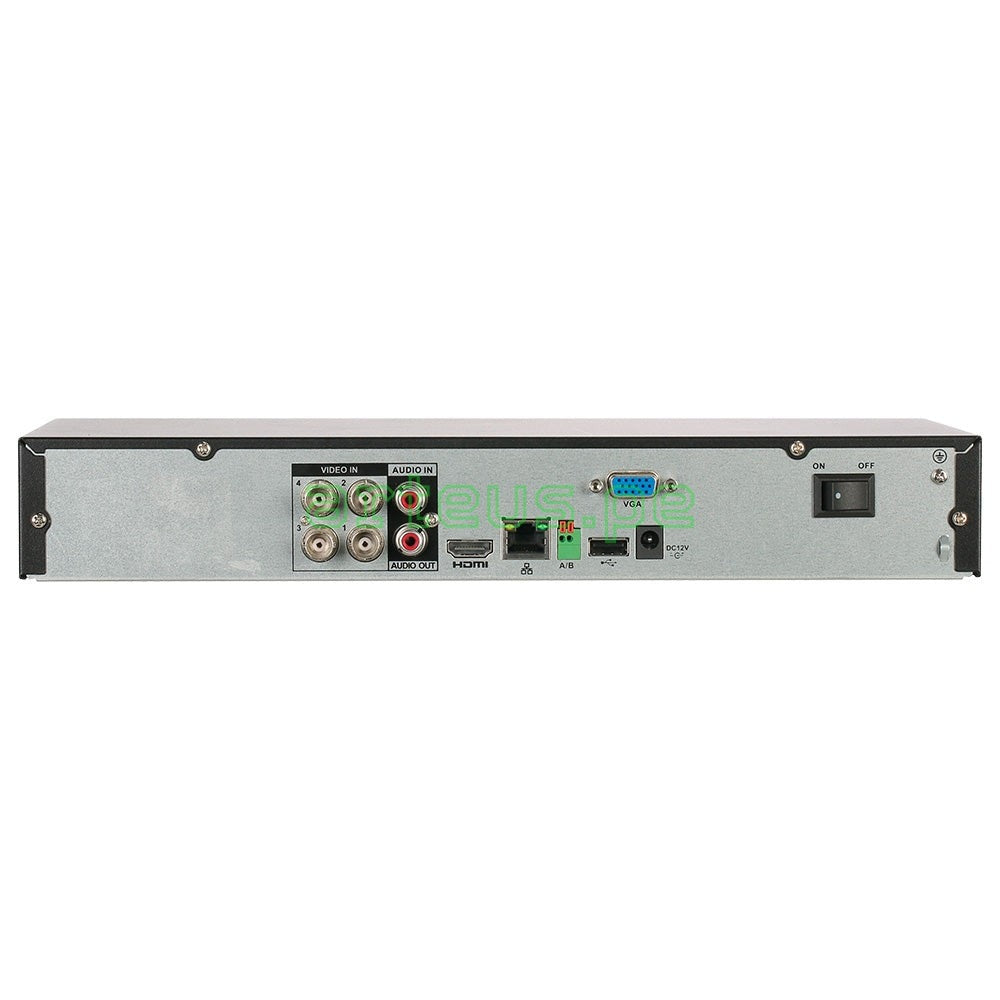 Vista trasera de grabador de video seguridad con puertos BNC, VGA, HDMI, USB y audio.