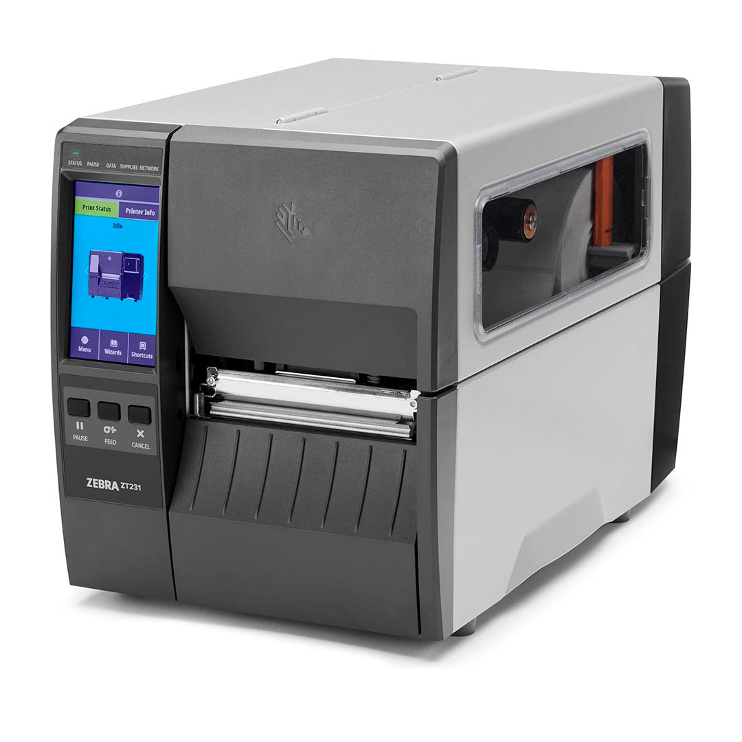 Impresora industrial de etiquetas Zebra ZT231, color gris, pantalla táctil, para redes y cableado.