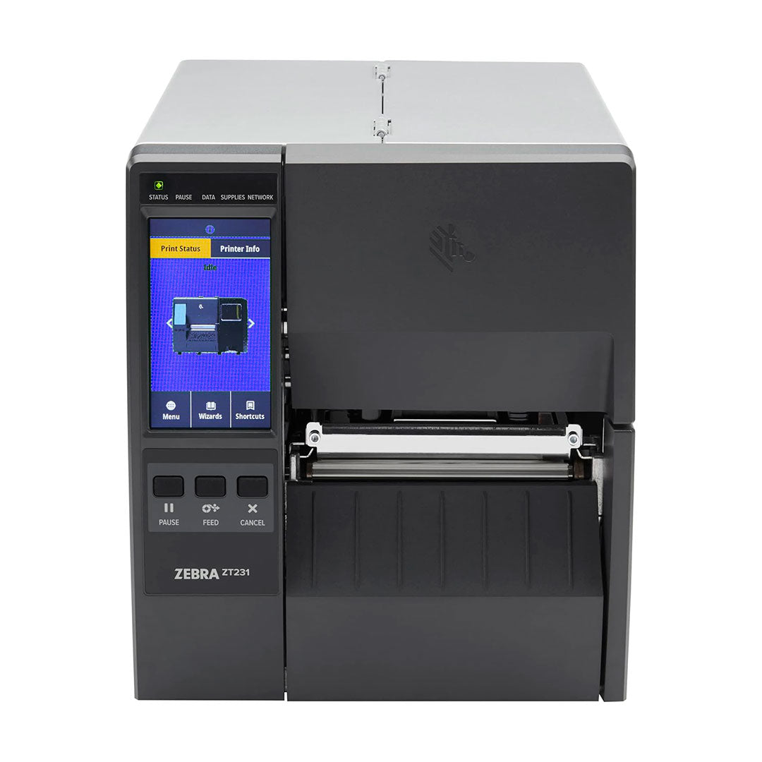 Impresora industrial de etiquetas Zebra ZT231 con pantalla táctil a color, frontal.