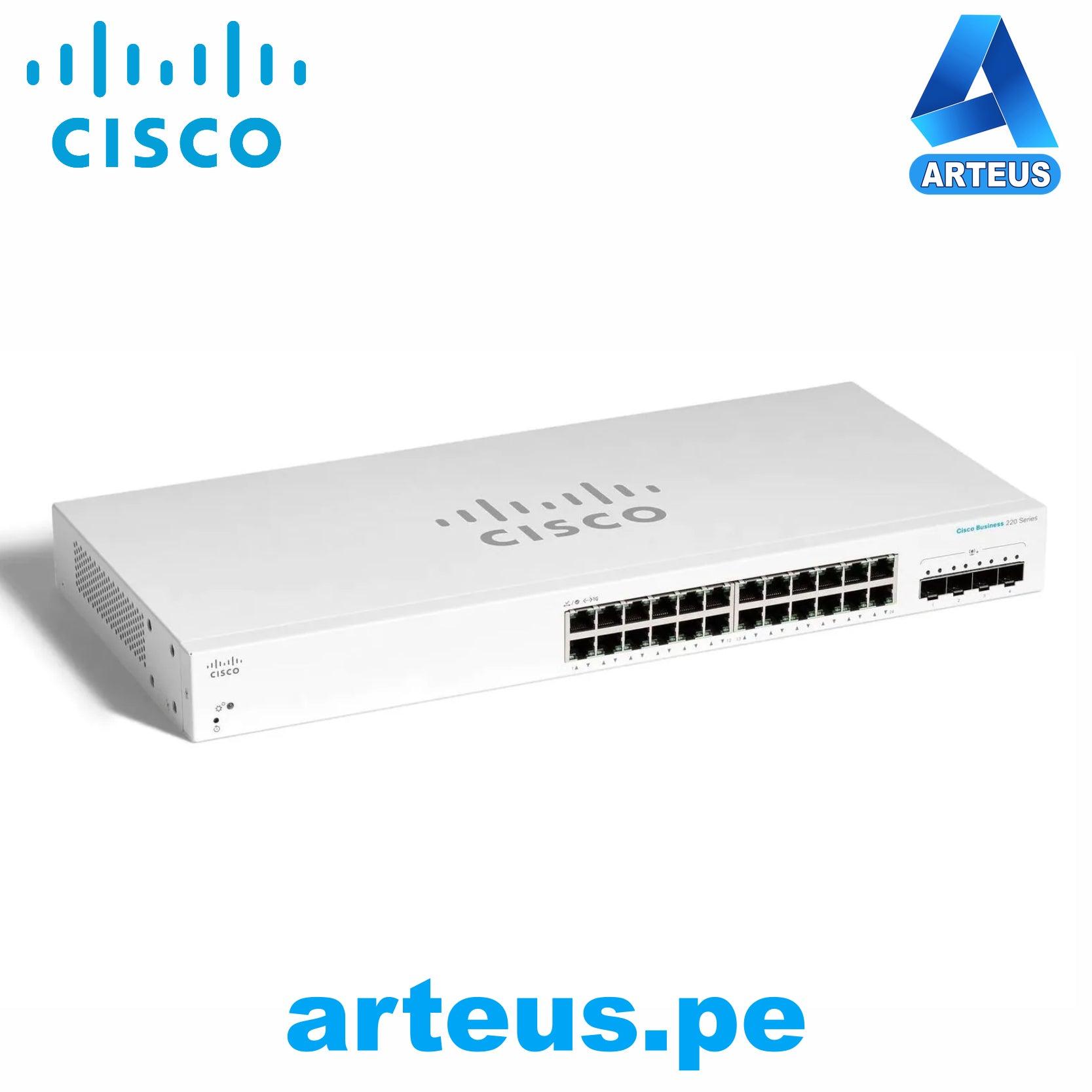Switch Cisco 24 puertos Gigabit L2 para redes empresariales, vista frontal en fondo blanco