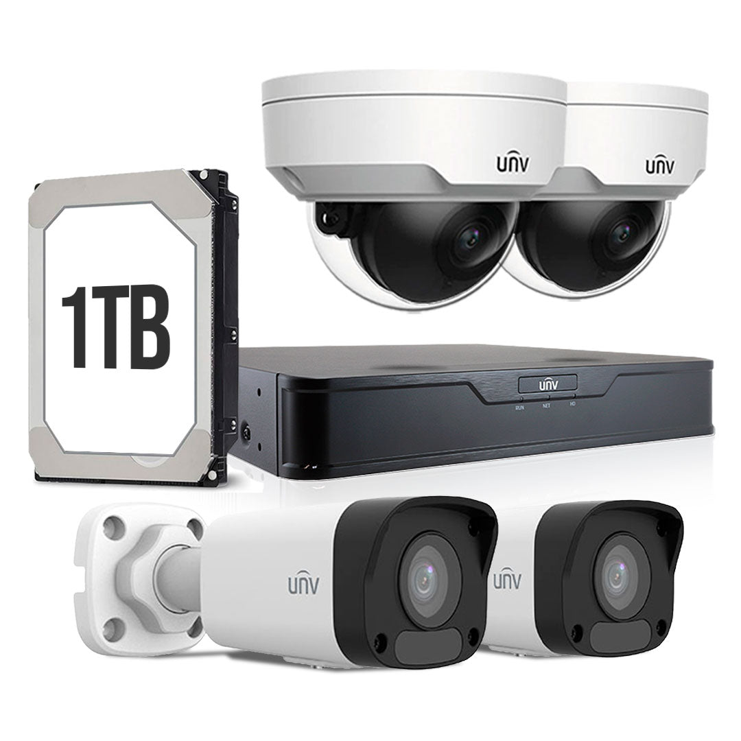 UNIVIEW KITIP-2 Kit cámara de seguridad IP 2MP: NVR 4ch+2 Ext+2Int+1TB